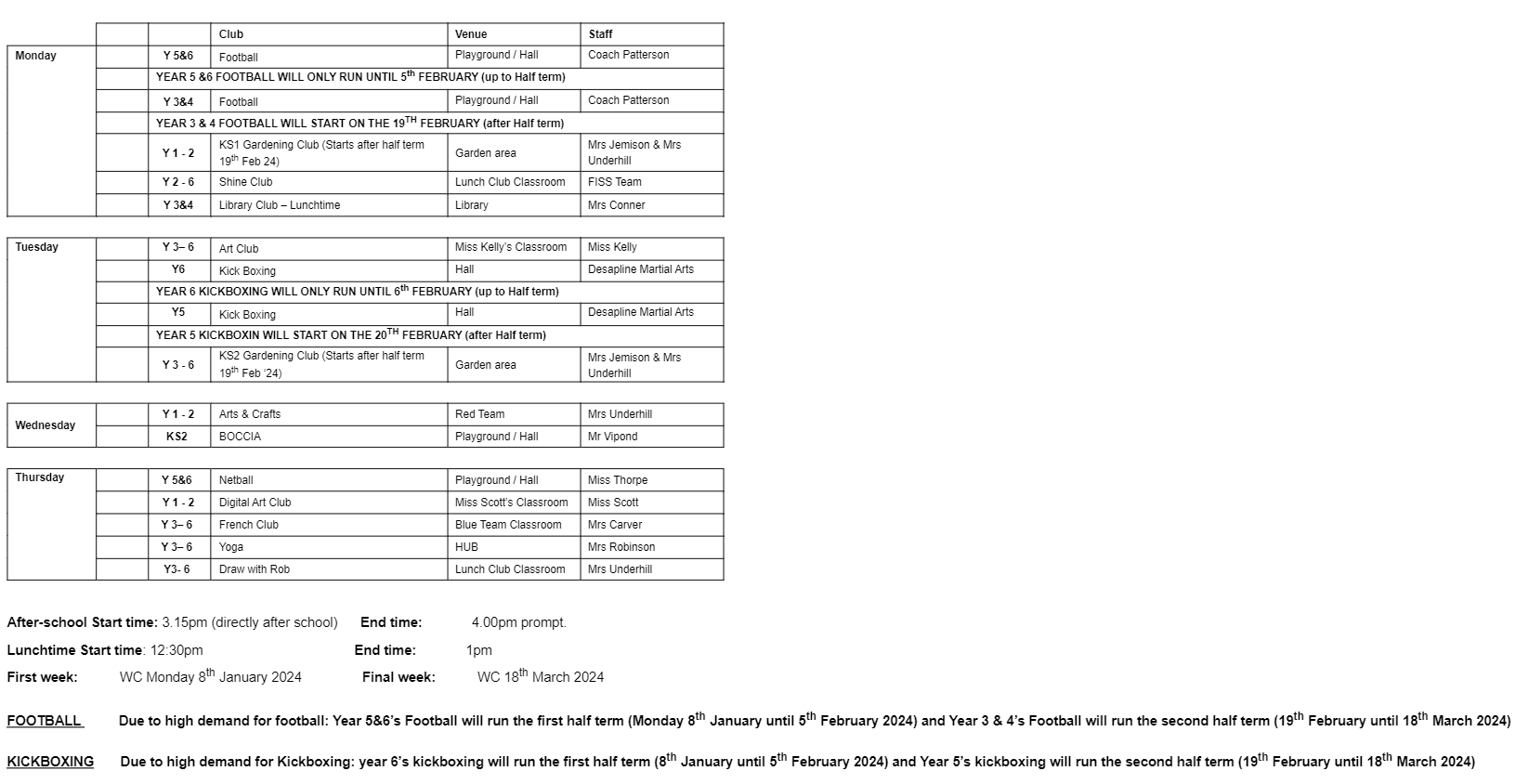 Clubs Spring Term